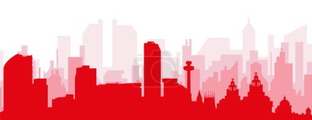 Ilustración de Cartel panorámico rojo del skyline de la ciudad con edificios de fondo transparente brumoso rojizo de LIVERPOOL, REINO UNIDO - Imagen libre de derechos