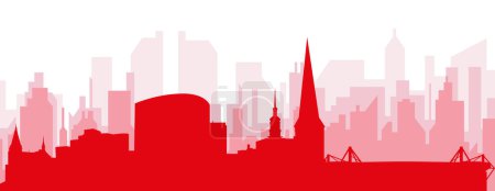 Ilustración de Cartel panorámico rojo del skyline de la ciudad con edificios de fondo transparente brumoso rojizo de DORTMUND, ALEMANIA - Imagen libre de derechos