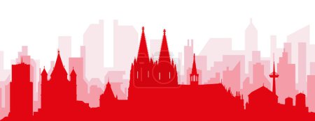 Ilustración de Cartel panorámico rojo del skyline de la ciudad con edificios de fondo transparente brumoso rojizo de COLOGNE, ALEMANIA - Imagen libre de derechos