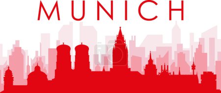 Ilustración de Cartel panorámico rojo del skyline de la ciudad con edificios rojizos de fondo transparente brumoso de MUNICH, ALEMANIA - Imagen libre de derechos