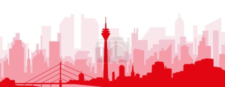 Ilustración de Cartel panorámico rojo del skyline de la ciudad con edificios trasparentes rojizos brumosos del fondo de DUSSELDORF, ALEMANIA - Imagen libre de derechos