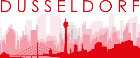 Ilustración de Cartel panorámico rojo del skyline de la ciudad con edificios trasparentes rojizos brumosos del fondo de DUSSELDORF, ALEMANIA - Imagen libre de derechos