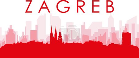 Ilustración de Cartel panorámico rojo del skyline de la ciudad con edificios de fondo transparente brumoso rojizo de ZAGREB, CROACIA - Imagen libre de derechos