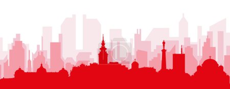 Ilustración de Cartel panorámico rojo del skyline de la ciudad con edificios de fondo transparente brumoso rojizo de BELGRADE, SERBIA - Imagen libre de derechos