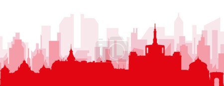 Ilustración de Cartel panorámico rojo del skyline de la ciudad con edificios rojizos de fondo transparente brumoso de BUCHAREST, RUMANIA - Imagen libre de derechos