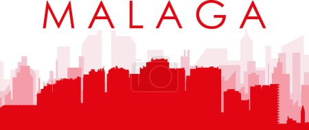 Ilustración de Cartel panorámico rojo del skyline de la ciudad con edificios de fondo transparente brumoso rojizo de MALAGA, ESPAÑA - Imagen libre de derechos