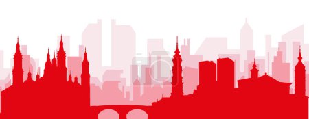 Ilustración de Cartel panorámico rojo del skyline de la ciudad con edificios de fondo transparente brumoso rojizo de ZARAGOZA, ESPAÑA - Imagen libre de derechos