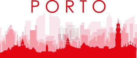Ilustración de Cartel panorámico rojo del skyline de la ciudad con edificios rojizos de fondo transparente brumoso de PORTO, PORTUGAL - Imagen libre de derechos