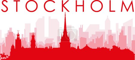 Ilustración de Cartel panorámico rojo del skyline de la ciudad con edificios de fondo transparente brumoso rojizo de STOCKHOLM, SUECIA - Imagen libre de derechos