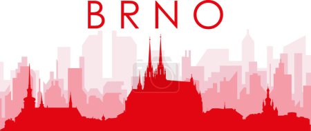 Ilustración de Cartel panorámico rojo del skyline de la ciudad con los edificios trasparentes brumosos rojizos del fondo de BRNO, REPÚBLICA CHECA - Imagen libre de derechos