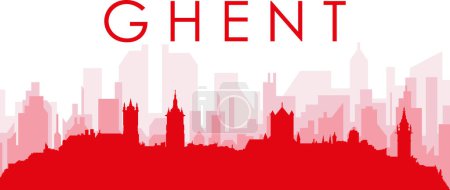 Ilustración de Cartel panorámico rojo del skyline de la ciudad con los edificios trasparentes rojizos brumosos del fondo de GHENT, BÉLGICA - Imagen libre de derechos