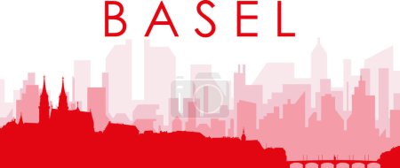 Ilustración de Cartel panorámico rojo del skyline de la ciudad con edificios rojizos de fondo transparente brumoso de Basilea, SUIZA - Imagen libre de derechos