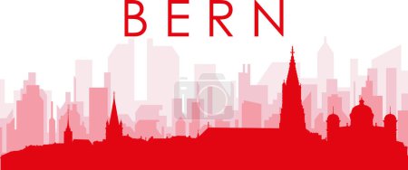 Ilustración de Cartel panorámico rojo del skyline de la ciudad con edificios rojizos de fondo transparente brumoso de BERN, SUIZA - Imagen libre de derechos