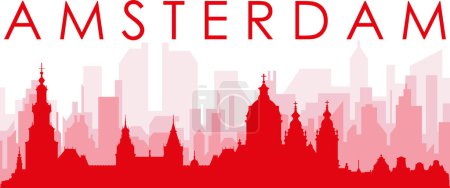 Ilustración de Cartel panorámico rojo del skyline de la ciudad con edificios rojizos de fondo transparente brumoso de AMSTERDAM, PAÍSES BAJOS - Imagen libre de derechos