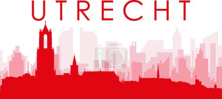 Ilustración de Cartel panorámico rojo del skyline de la ciudad con edificios de fondo transparente brumoso rojizo de UTRECHT, PAÍSES BAJOS - Imagen libre de derechos