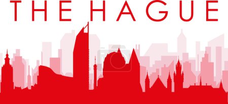 Ilustración de Cartel panorámico rojo del skyline de la ciudad con los edificios trasparentes rojizos brumosos del fondo de LA HAYA, PAÍSES BAJOS - Imagen libre de derechos