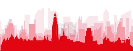 Ilustración de Cartel panorámico rojo del skyline de la ciudad con edificios de fondo transparente brumoso rojizo de ANTWERP, BÉLGICA - Imagen libre de derechos