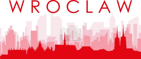 Ilustración de Cartel panorámico rojo del skyline de la ciudad con edificios de fondo transparente brumoso rojizo de WROCLAW, POLONIA - Imagen libre de derechos