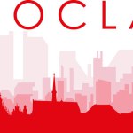 Red panoramic city skyline poster with reddish misty transparent background buildings of WROCLAW, POLAND