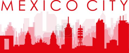 Ilustración de Cartel panorámico rojo del skyline de la ciudad con edificios de fondo transparente brumoso rojizo de la CIUDAD DE MÉXICO, MÉXICO - Imagen libre de derechos