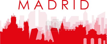 Illustration for Red panoramic city skyline poster with reddish misty transparent background buildings of MADRID, SPAIN - Royalty Free Image
