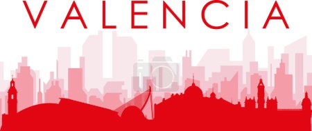 Ilustración de Cartel panorámico rojo del skyline de la ciudad con edificios de fondo transparente brumoso rojizo de VALENCIA, ESPAÑA - Imagen libre de derechos