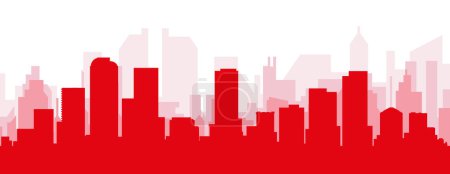 Ilustración de Cartel panorámico rojo del skyline de la ciudad con edificios de fondo transparente brumoso rojizo de DENVER, ESTADOS UNIDOS - Imagen libre de derechos