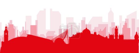 Ilustración de Cartel panorámico rojo del skyline de la ciudad con edificios trasparentes rojizos de SAN DIEGO, ESTADOS UNIDOS - Imagen libre de derechos