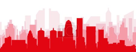 Illustration for Red panoramic city skyline poster with reddish misty transparent background buildings of LOUISVILLE, UNITED STATES - Royalty Free Image