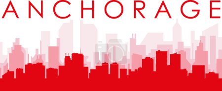 Ilustración de Cartel panorámico rojo del skyline de la ciudad con edificios rojizos de fondo transparente brumoso de ANCLAJE, ESTADOS UNIDOS - Imagen libre de derechos
