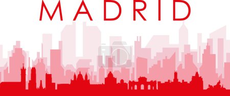 Illustration for Red panoramic city skyline poster with reddish misty transparent background buildings of MADRID, SPAIN - Royalty Free Image