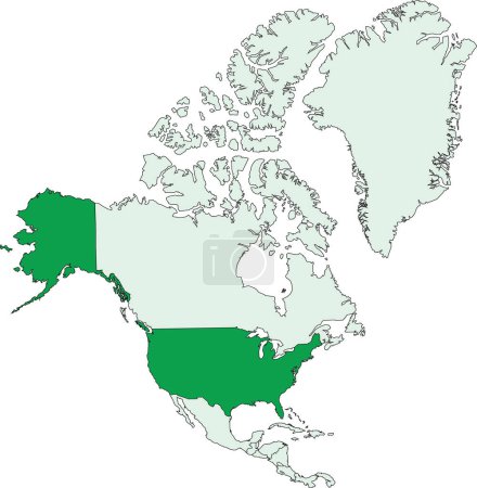 Illustration for Dark green blank political map of the UNITED STATES with black borders on transparent background using orthographic projection of the light green North American continent - Royalty Free Image