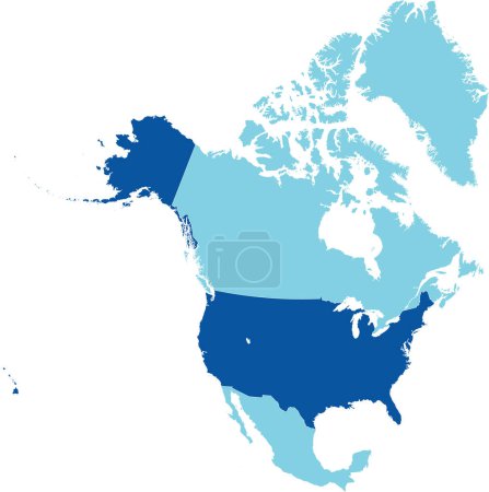 Dunkelblau detaillierte leere politische Landkarte der Vereinigten Staaten auf transparentem Hintergrund mit orthographischer Projektion des hellblauen nordamerikanischen Kontinents