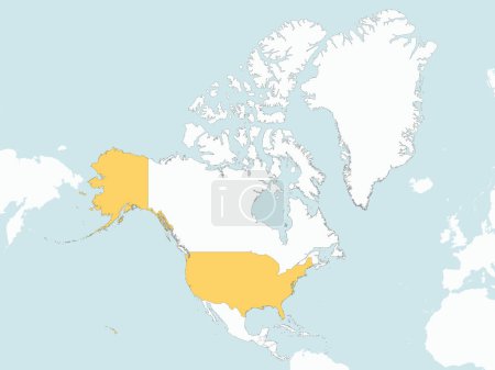 Orange detaillierte leere politische Landkarte der Vereinigten Staaten mit blauen Wasserflächen mittels orthographischer Projektion des weißen nordamerikanischen Kontinents
