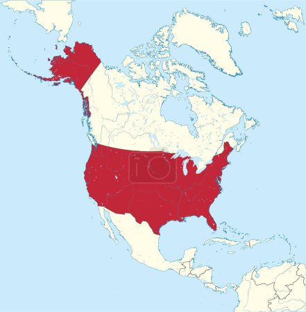 Red detailed blank political map of the UNITED STATES with blue water surfaces using orthographic projection of the beige North American continent