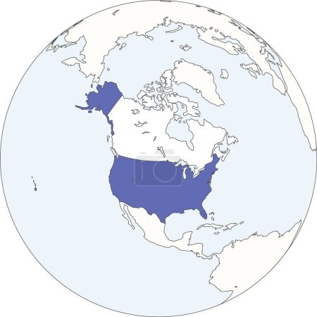 Illustration for Blue blank political map of the UNITED STATES with light blue ocean surfaces on Earth globe background using orthographic projection of the white North American continent - Royalty Free Image