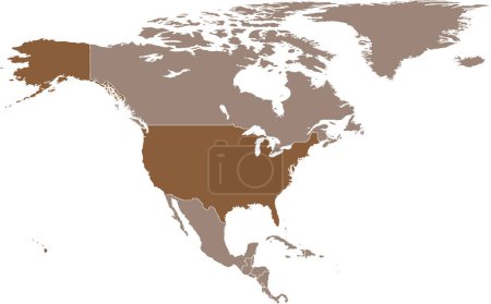 Dunkelbraune, detaillierte, leere politische Landkarte der Vereinigten Staaten auf transparentem Hintergrund mit orthographischer Projektion des hellbraunen nordamerikanischen Kontinents
