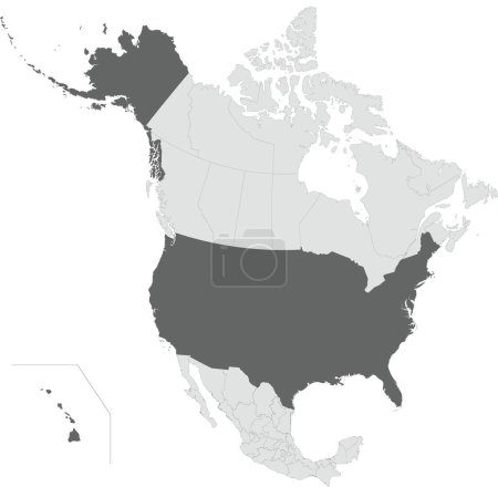 Illustration for Dark grey detailed blank political map of the UNITED STATES with black state borders on transparent background using orthographic projection of the light grey North American continent - Royalty Free Image