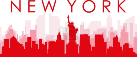 Ilustración de Cartel panorámico rojo del skyline de la ciudad con edificios de fondo transparente brumoso rojizo de NUEVA YORK, ESTADOS UNIDOS - Imagen libre de derechos
