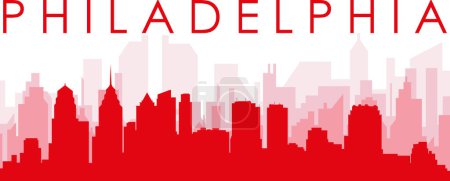 Illustration for Red panoramic city skyline poster with reddish misty transparent background buildings of PHILADELPHIA, UNITED STATES - Royalty Free Image