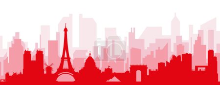 Ilustración de Cartel panorámico rojo del skyline de la ciudad con edificios rojizos de fondo transparente brumoso de PARÍS, FRANCIA - Imagen libre de derechos