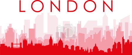 Ilustración de Cartel panorámico rojo del skyline de la ciudad con edificios rojizos de fondo transparente brumoso de LONDRES, REINO UNIDO - Imagen libre de derechos
