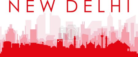 Ilustración de Cartel panorámico rojo del skyline de la ciudad con edificios de fondo transparente brumoso rojizo de NEW DELHI, INDIA - Imagen libre de derechos