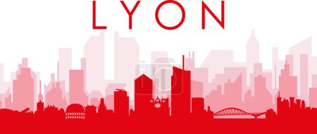 Ilustración de Cartel panorámico rojo del skyline de la ciudad con edificios de fondo transparente brumoso rojizo de LYON, FRANCIA - Imagen libre de derechos