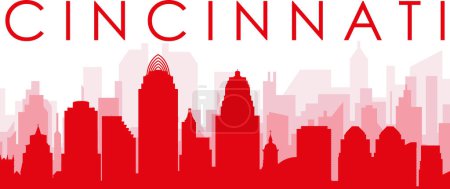 Illustration for Red panoramic city skyline poster with reddish misty transparent background buildings of CINCINNATI, UNITED STATES - Royalty Free Image