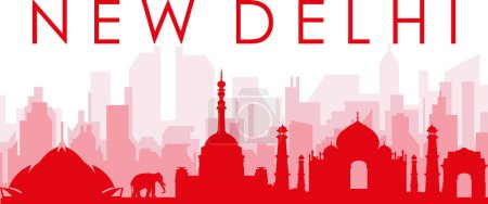 Illustration for Red panoramic city skyline poster with reddish misty transparent background buildings of NEW DELHI, INDIA - Royalty Free Image