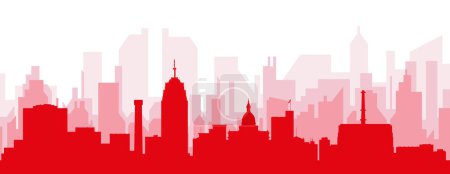 Illustration for Red panoramic city skyline poster with reddish misty transparent background buildings of LANSING, UNITED STATES - Royalty Free Image