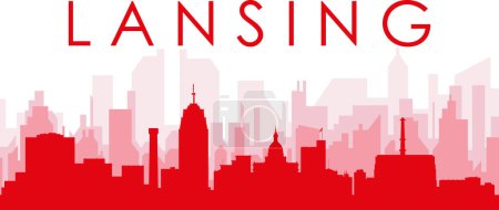 Ilustración de Cartel panorámico rojo del skyline de la ciudad con edificios rojizos de fondo transparente brumoso de LANSING, ESTADOS UNIDOS - Imagen libre de derechos