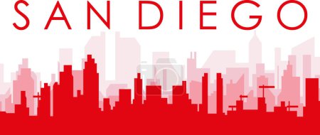 Illustration for Red panoramic city skyline poster with reddish misty transparent background buildings of SAN DIEGO, UNITED STATES - Royalty Free Image