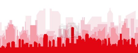 Ilustración de Cartel panorámico rojo del skyline de la ciudad con edificios rojizos de fondo transparente brumoso de MIAMI, ESTADOS UNIDOS - Imagen libre de derechos